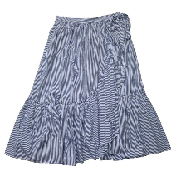 NWT  J.Crew Ruffle Wrap Skirt in Blue Shirting Stripe Cotton Poplin 10 - Picture 2 of 5